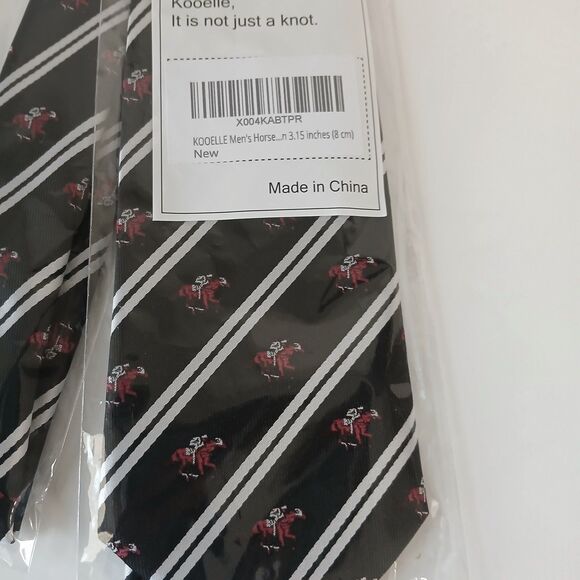 Kooelle Men's Jacquard Tie Horse Racing Tie 3.15" Black, Red, and White New - Picture 5 of 5